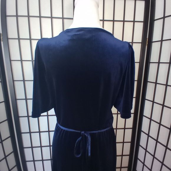 MEROKEETY Women's Blue V-Neck Wrap Velvet Maxi Dress Bell Sleeve Dress Size Med - Picture 10 of 10